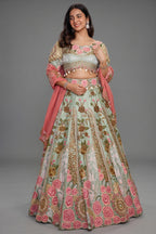 Pista Green Raw Silk Floral Resham Embroidered and Embellished Bead Work Lehenga - red silk saree embroidered