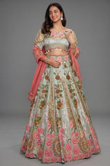 Pista Green Raw Silk Floral Resham Embroidered and Embellished Bead Work Lehenga - red silk saree embroidered