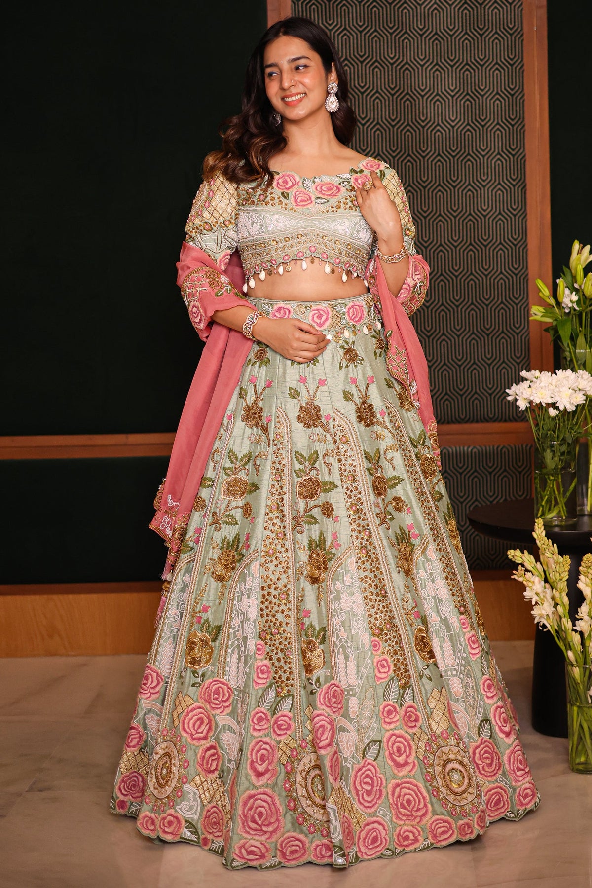 Pista Green Raw Silk Floral Resham Embroidered and Embellished Bead Work Lehenga - red silk saree embroidered