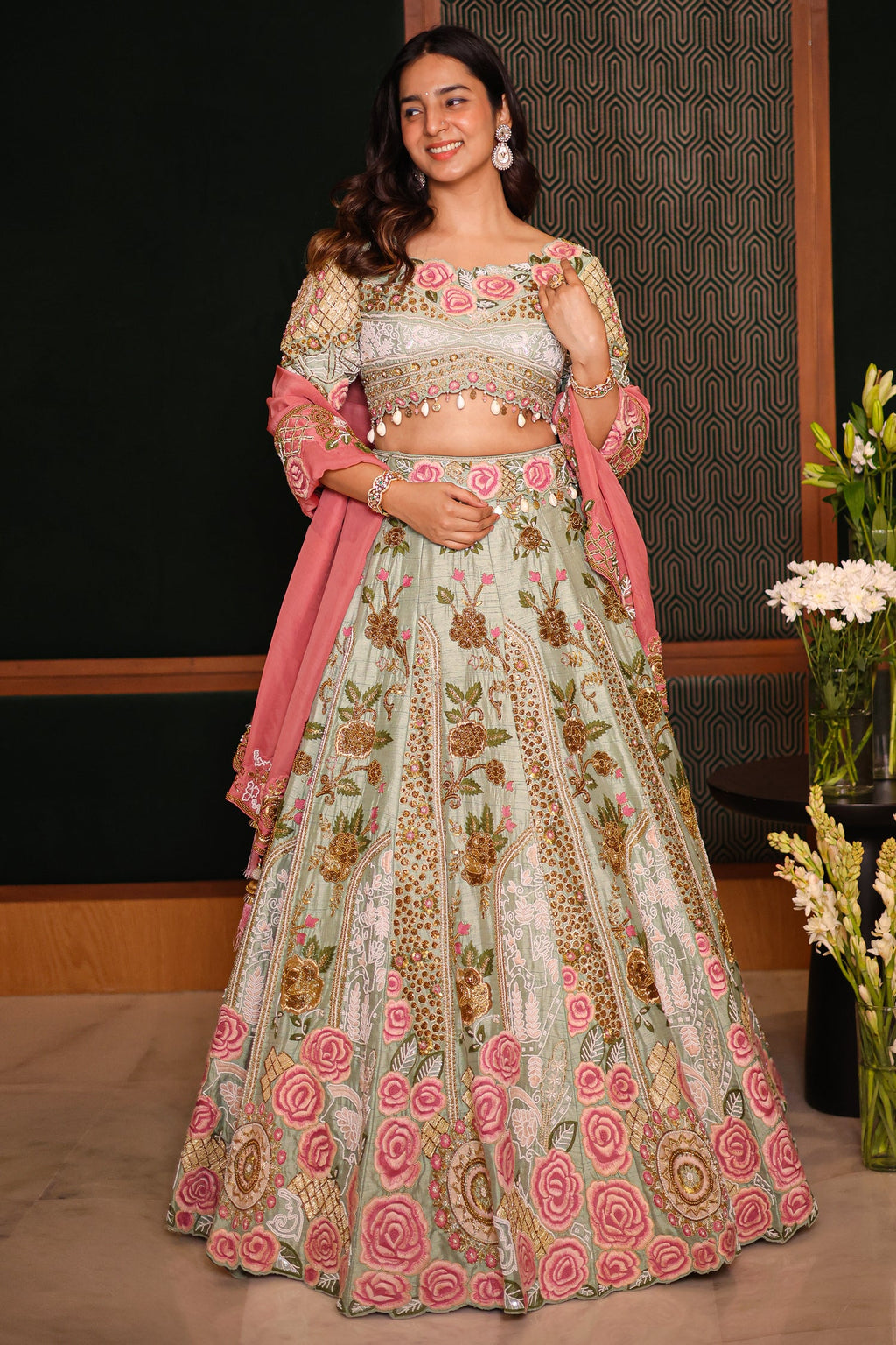 Pista Green Raw Silk Floral Resham Embroidered and Embellished Bead Work Lehenga - red silk saree embroidered