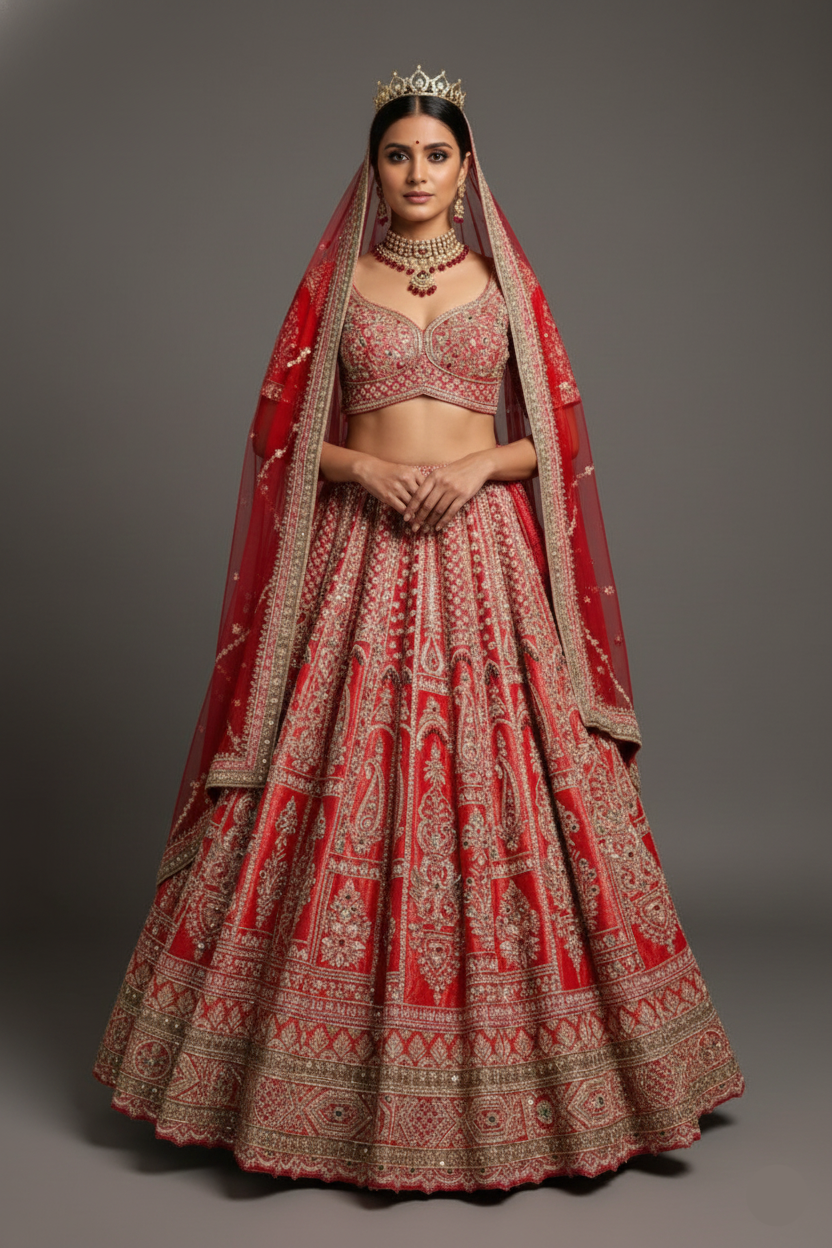 Red Tissue Designer Zardosi and Pearl Worked Lehenga - red saree Main image