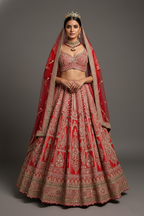Red Tissue Designer Zardosi and Pearl Worked Lehenga - red saree