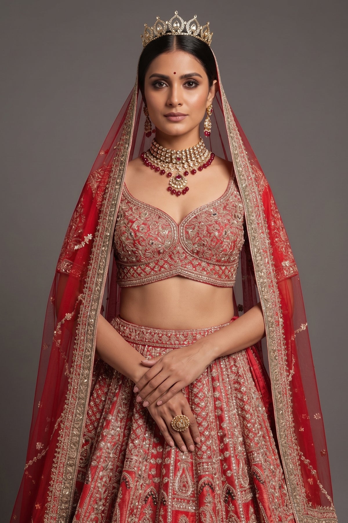 Red Tissue Designer Zardosi and Pearl Worked Lehenga - red saree