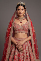 Red Tissue Designer Zardosi and Pearl Worked Lehenga - red saree