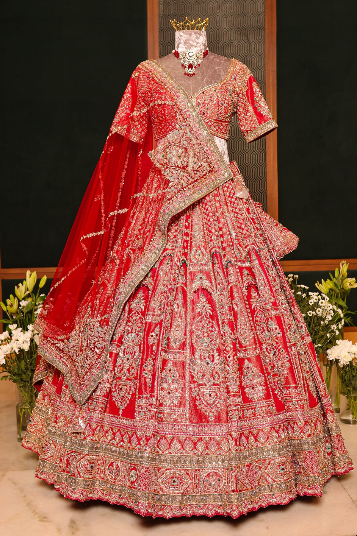 Red Tissue Designer Zardosi and Pearl Worked Lehenga - red saree