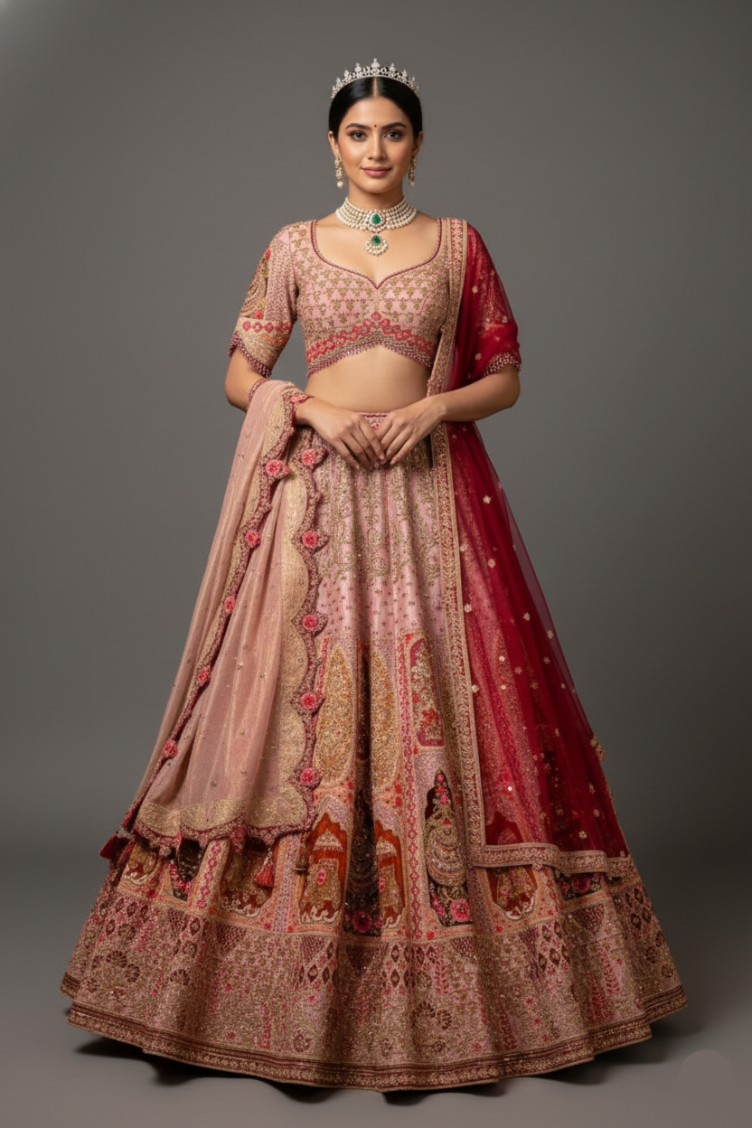 Dusty Pink Silk Zardosi and Velvet Patch Worked Lehenga with Double Dupatta - pink silk saree