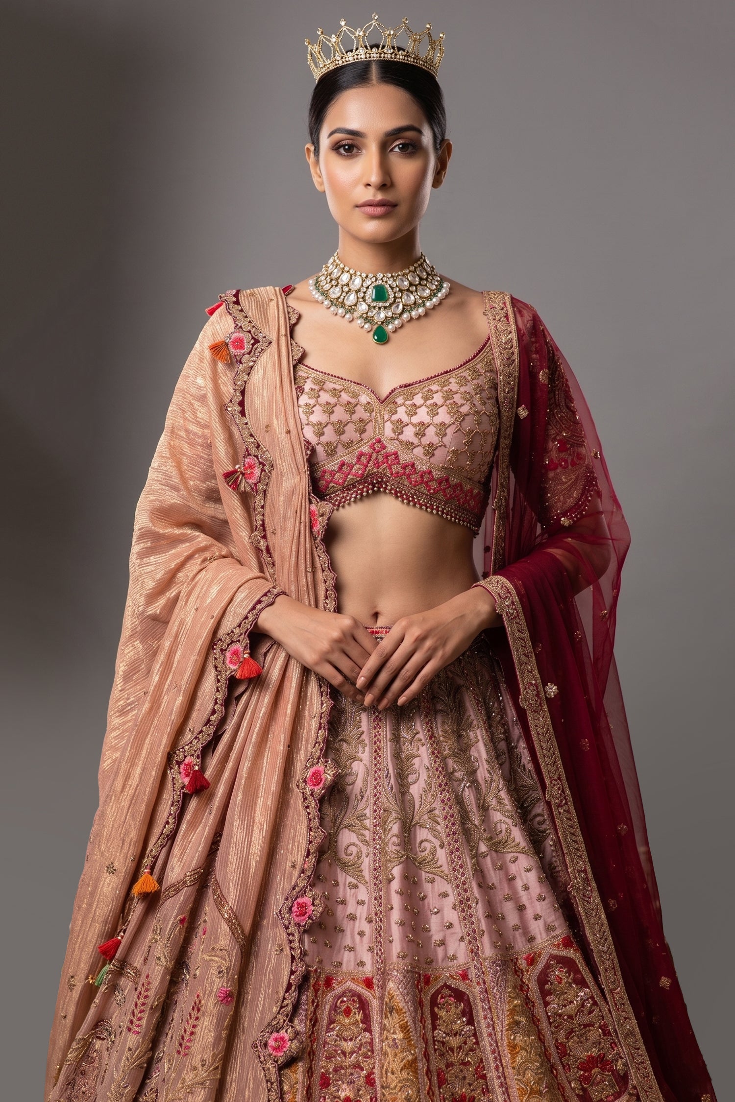 Dusty Pink Silk Zardosi and Velvet Patch Worked Lehenga with Double Dupatta Secondary image