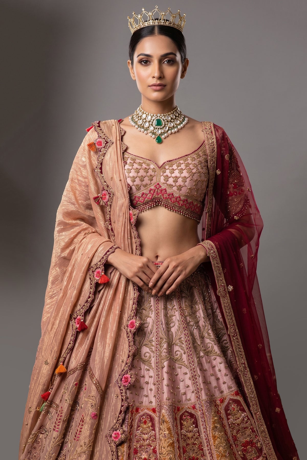 Dusty Pink Silk Zardosi and Velvet Patch Worked Lehenga with Double Dupatta - pink silk saree