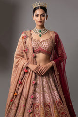 Dusty Pink Silk Zardosi and Velvet Patch Worked Lehenga with Double Dupatta
