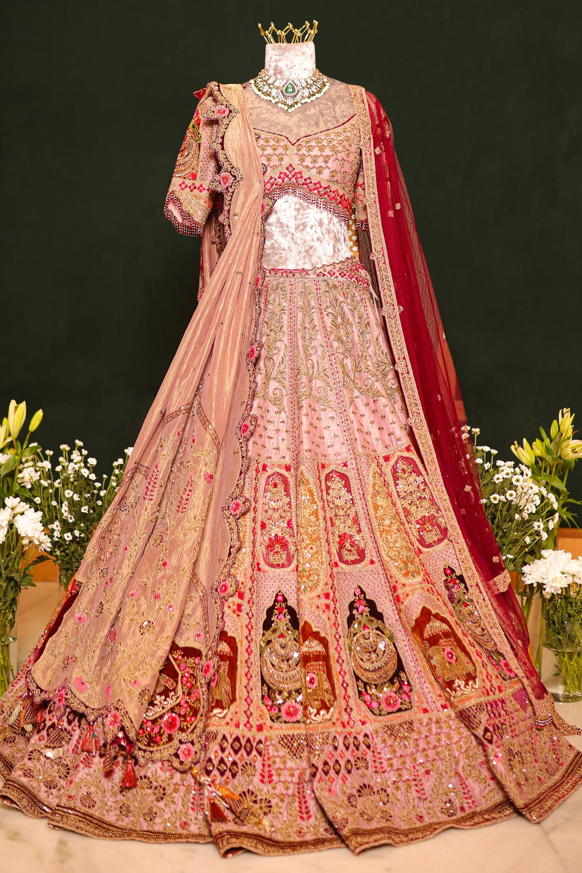Dusty Pink Silk Zardosi and Velvet Patch Worked Lehenga with Double Dupatta - pink silk saree