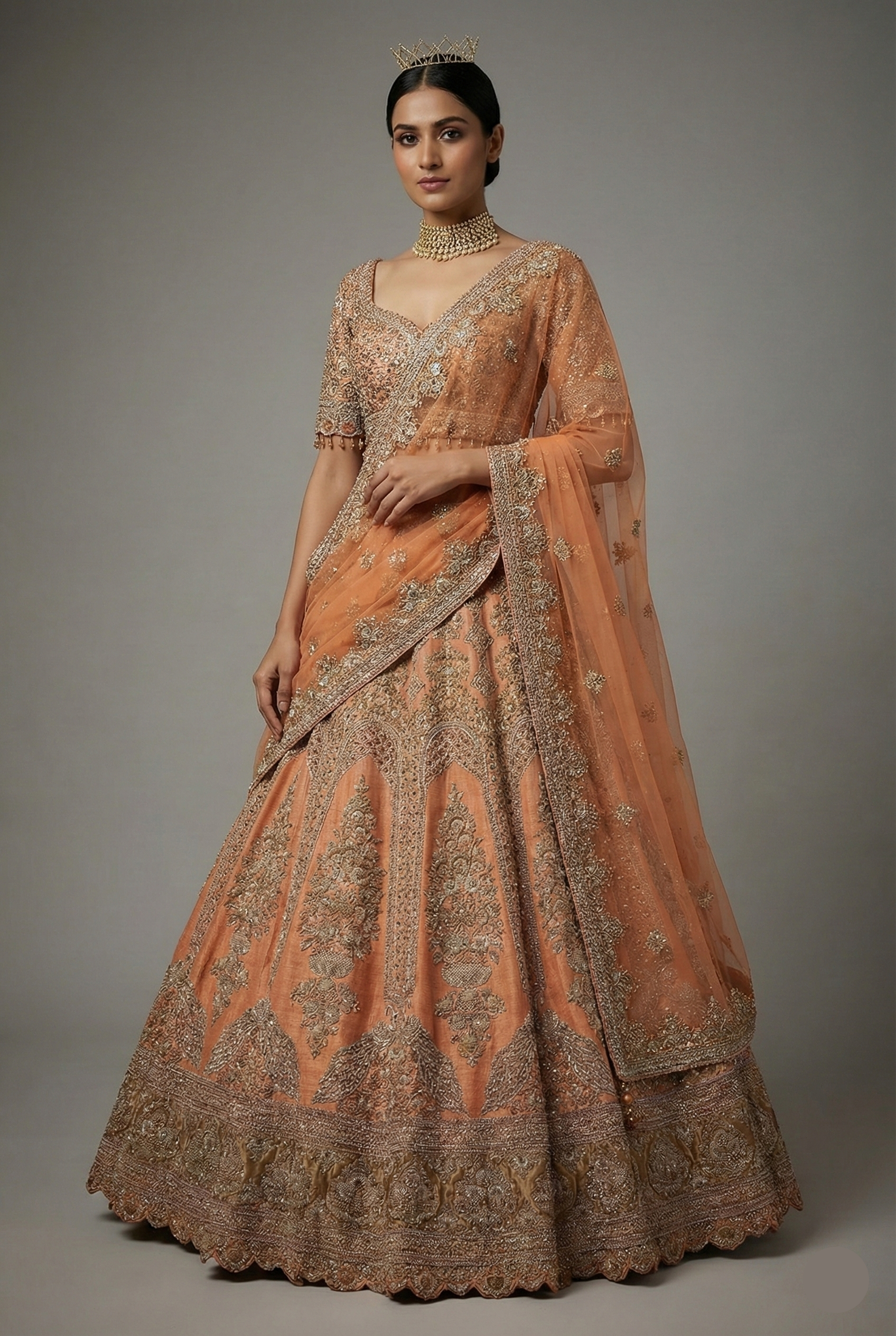 Dusty Peach Tissue Designer Zardosi and Sequin Cutdana Embellished Work Lehenga - peach saree Main image