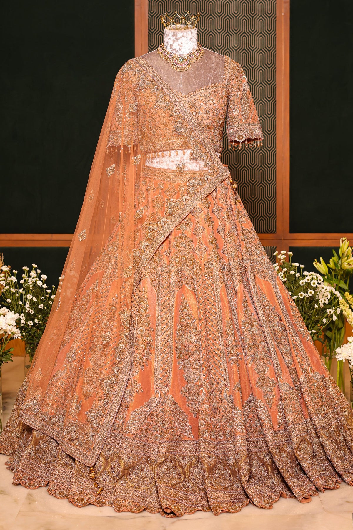 Dusty Peach Tissue Designer Zardosi and Sequin Cutdana Embellished Work Lehenga - peach saree