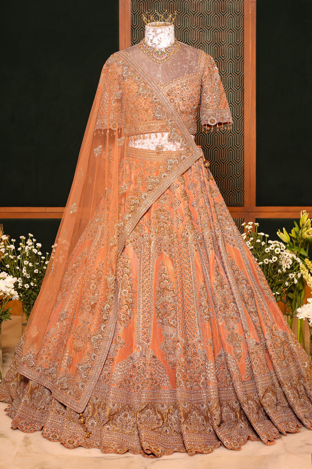 Dusty Peach Tissue Designer Zardosi and Sequin Cutdana Embellished Work Lehenga - peach saree