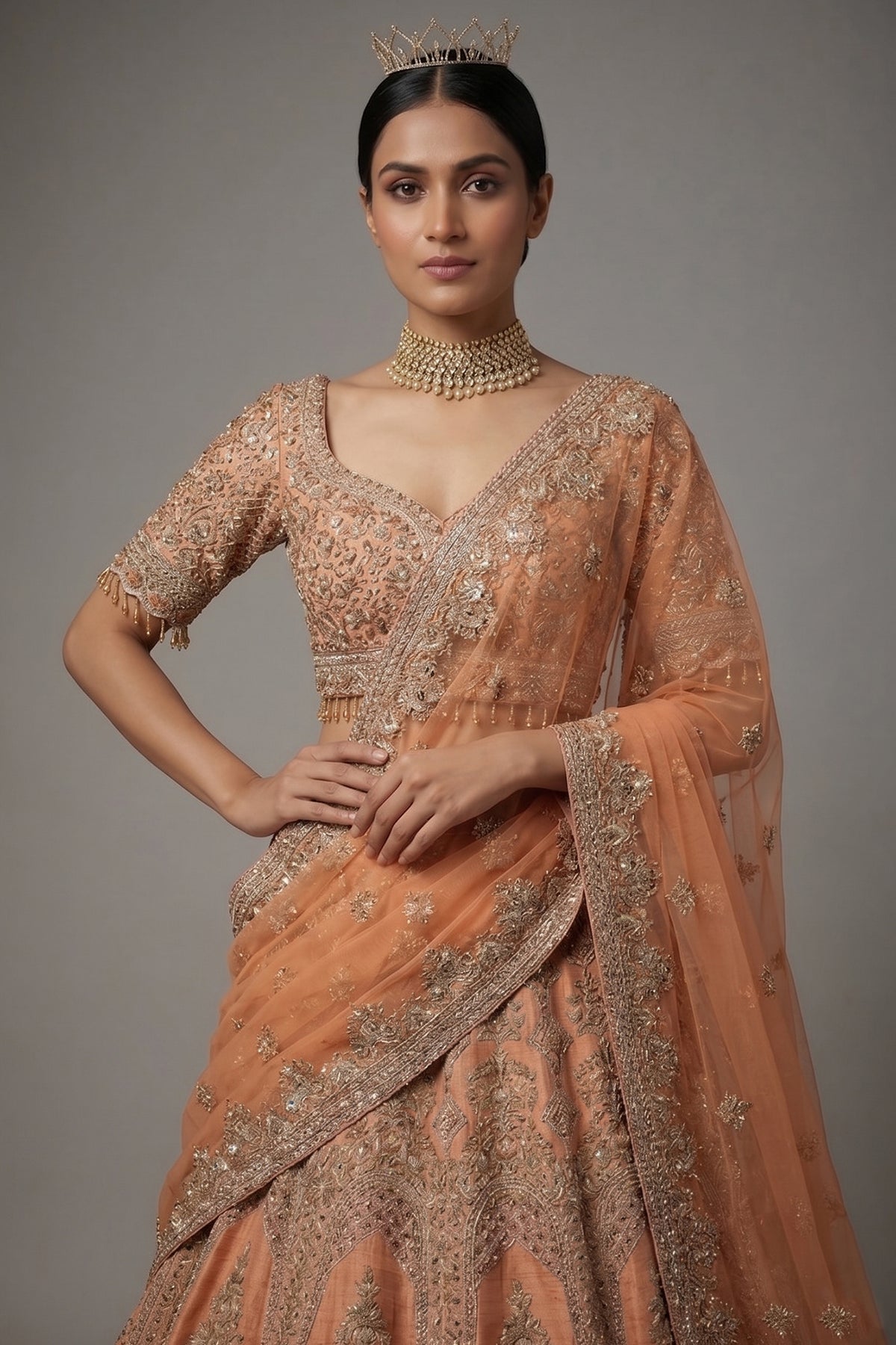 Dusty Peach Tissue Designer Zardosi and Sequin Cutdana Embellished Work Lehenga - peach saree