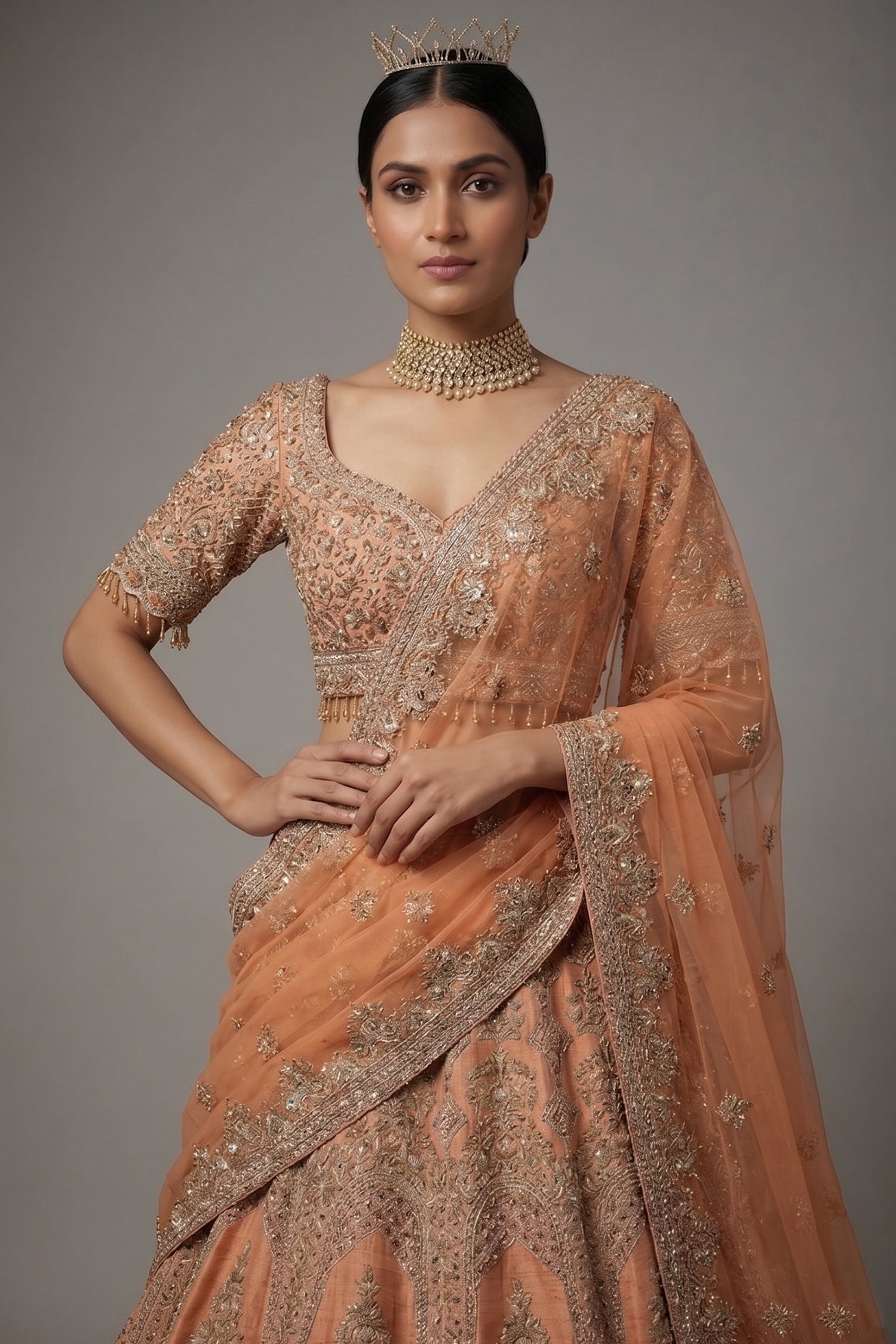 Dusty Peach Tissue Designer Zardosi and Sequin Cutdana Embellished Work Lehenga - peach saree