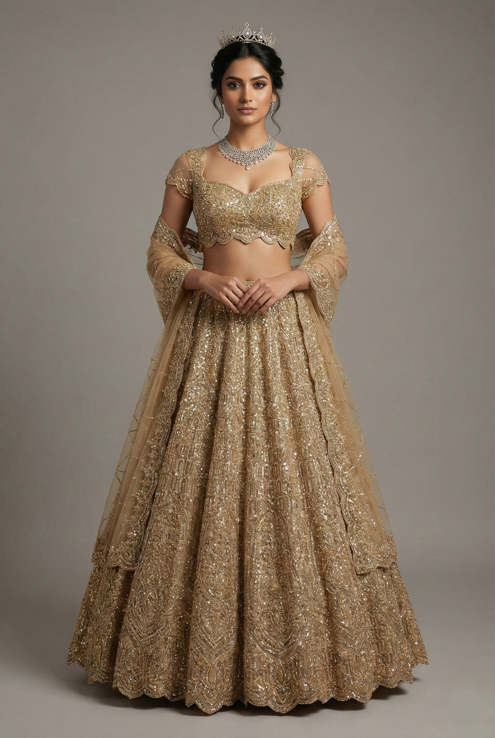Golden Net Designer All Over Sequinned Lehenga - gold net saree Main image