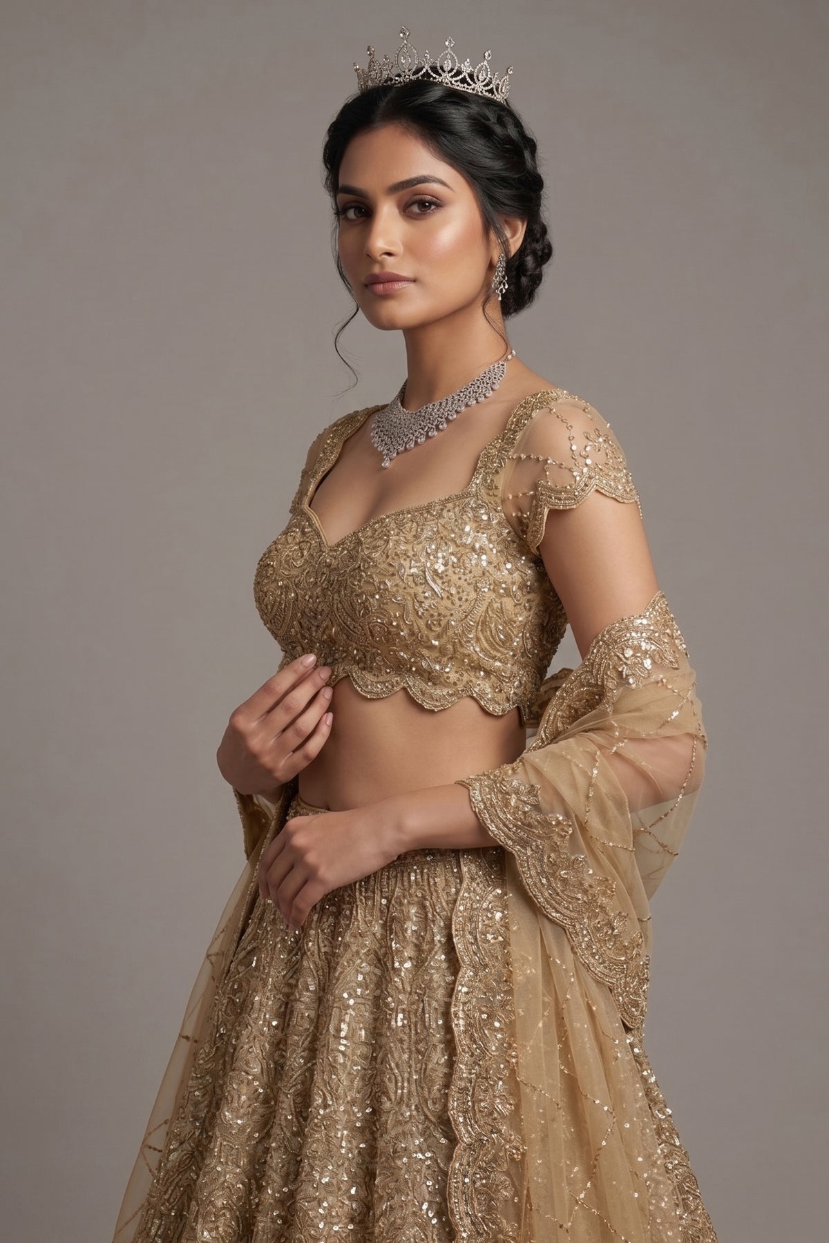 Golden Net Designer All Over Sequinned Lehenga - gold net saree