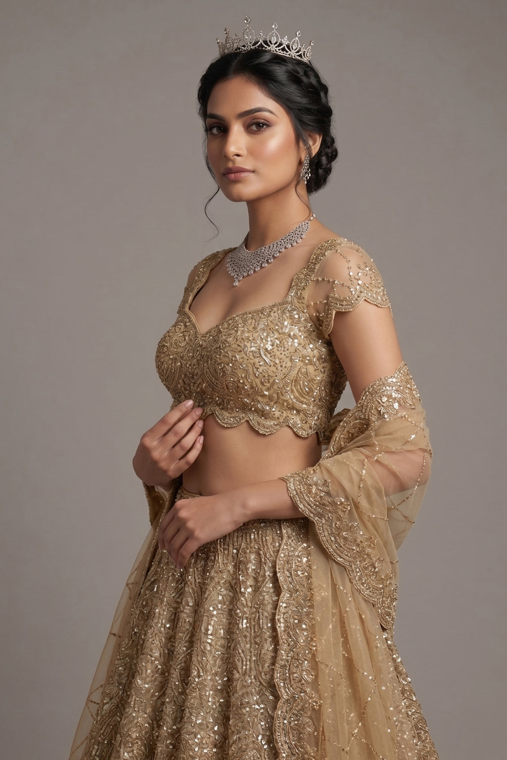 Golden Net Designer All Over Sequinned Lehenga - gold net saree