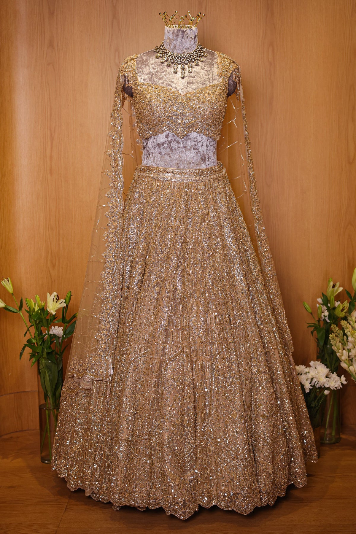 Golden Net Designer All Over Sequinned Lehenga - gold net saree