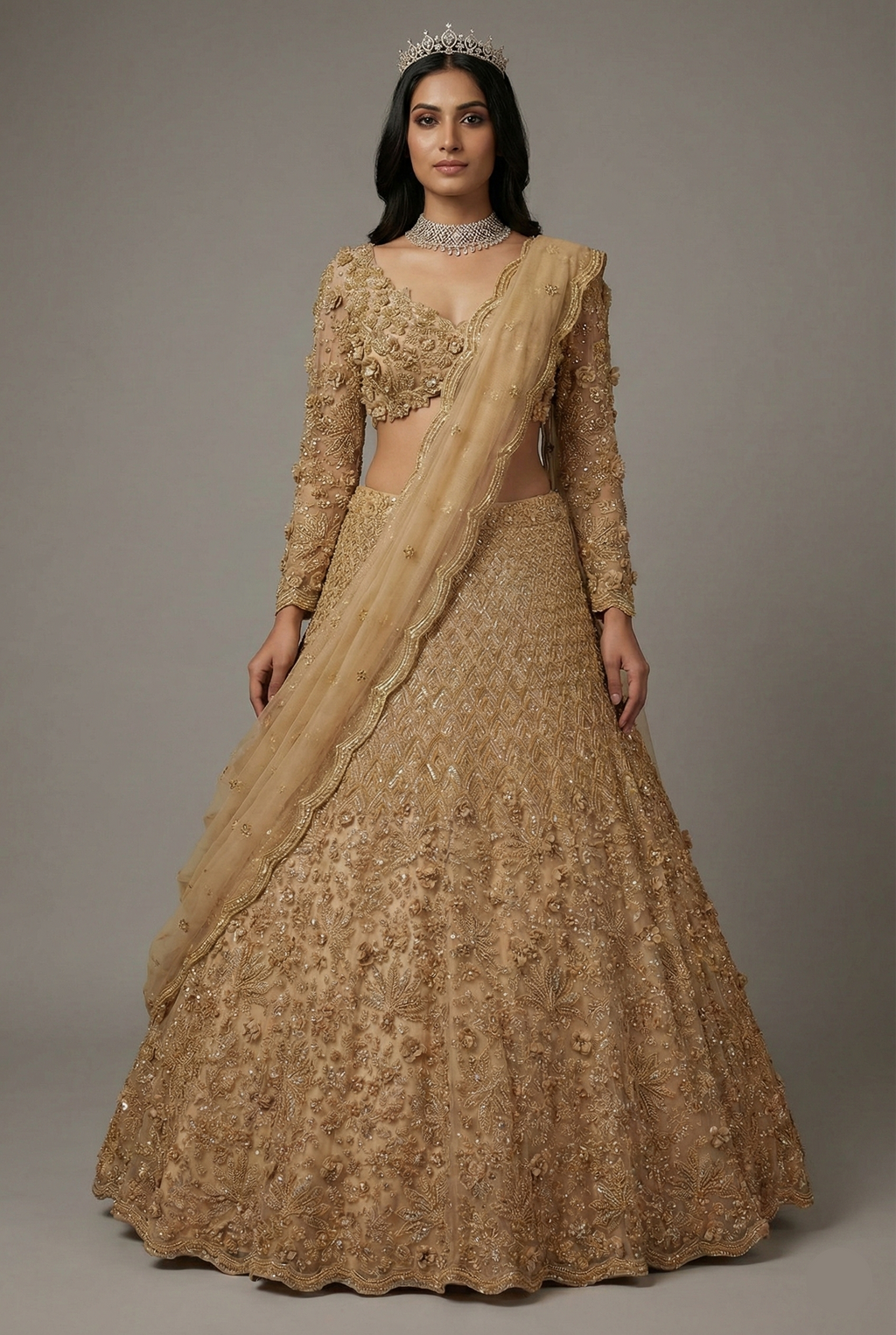 Champagne Beige Designer Sequinned and 3D Flower Worked Lehenga - beige saree