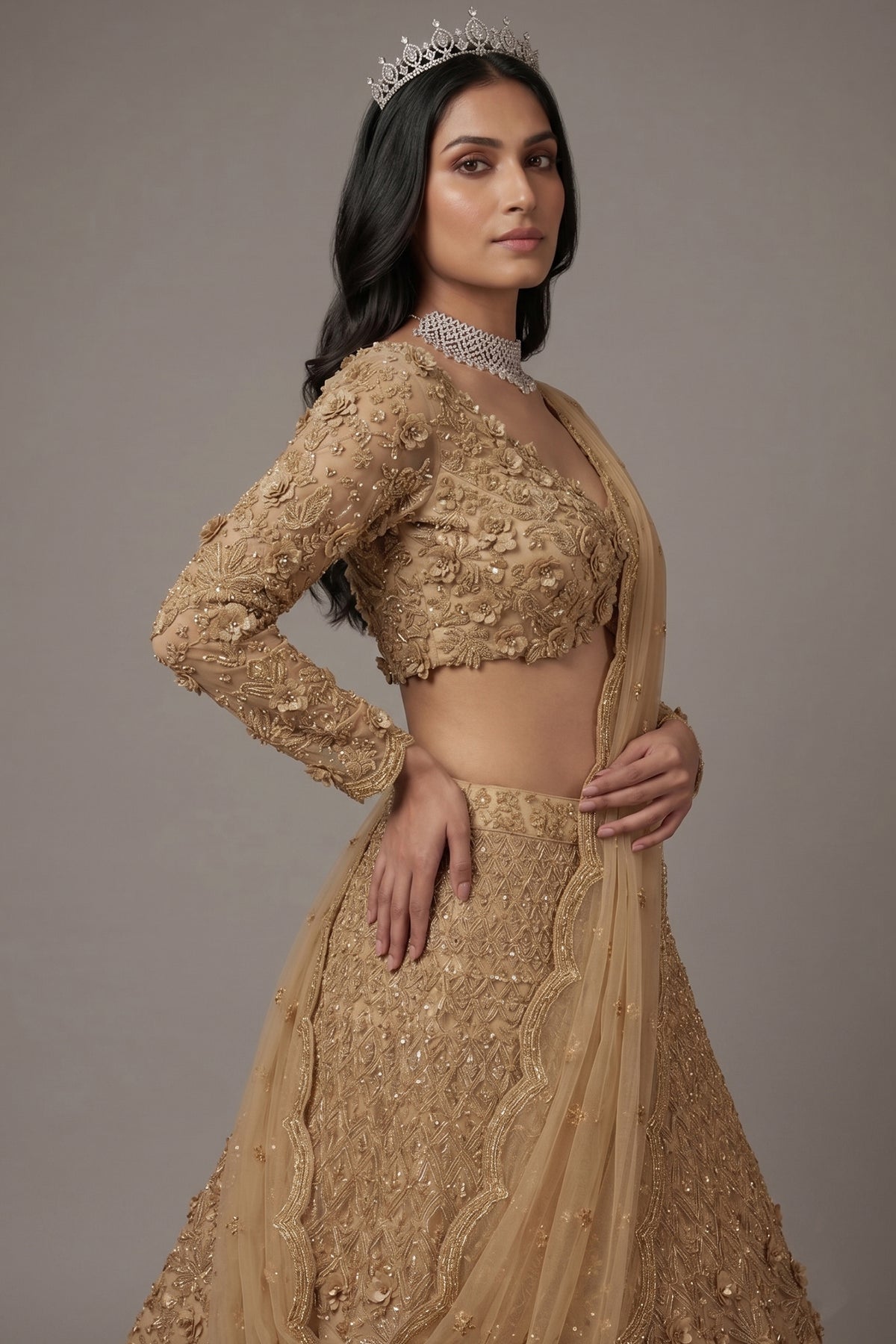 Champagne Beige Designer Sequinned and 3D Flower Worked Lehenga - beige saree