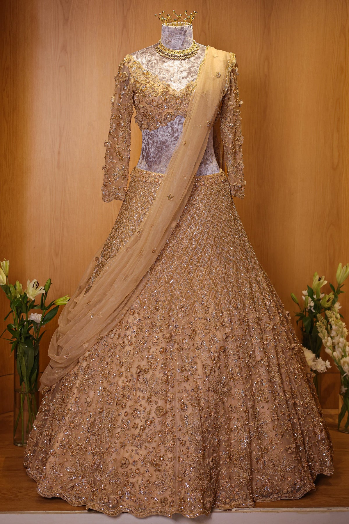 Champagne Beige Designer Sequinned and 3D Flower Worked Lehenga - beige saree