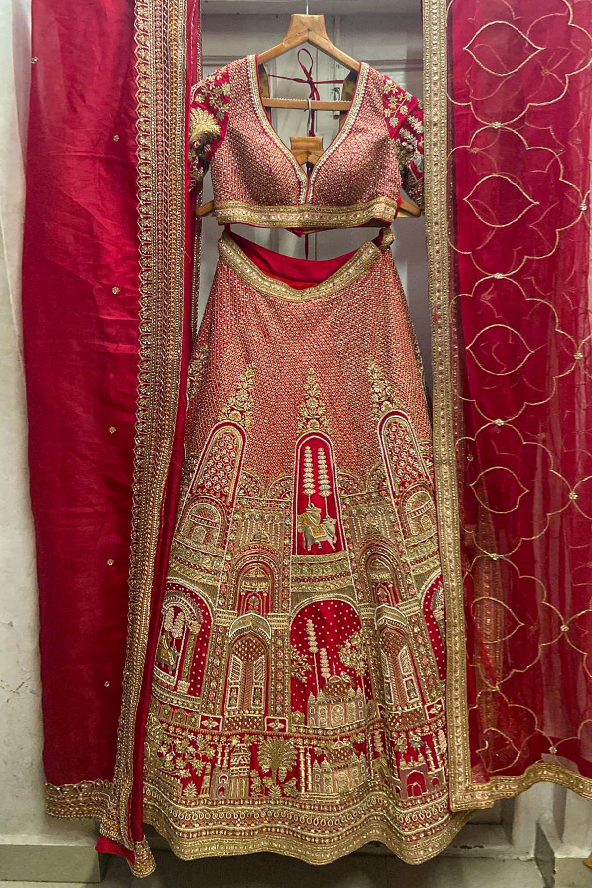 Red Matka Silk Designer Bridal Lehenga with Double Dupatta - red silk saree