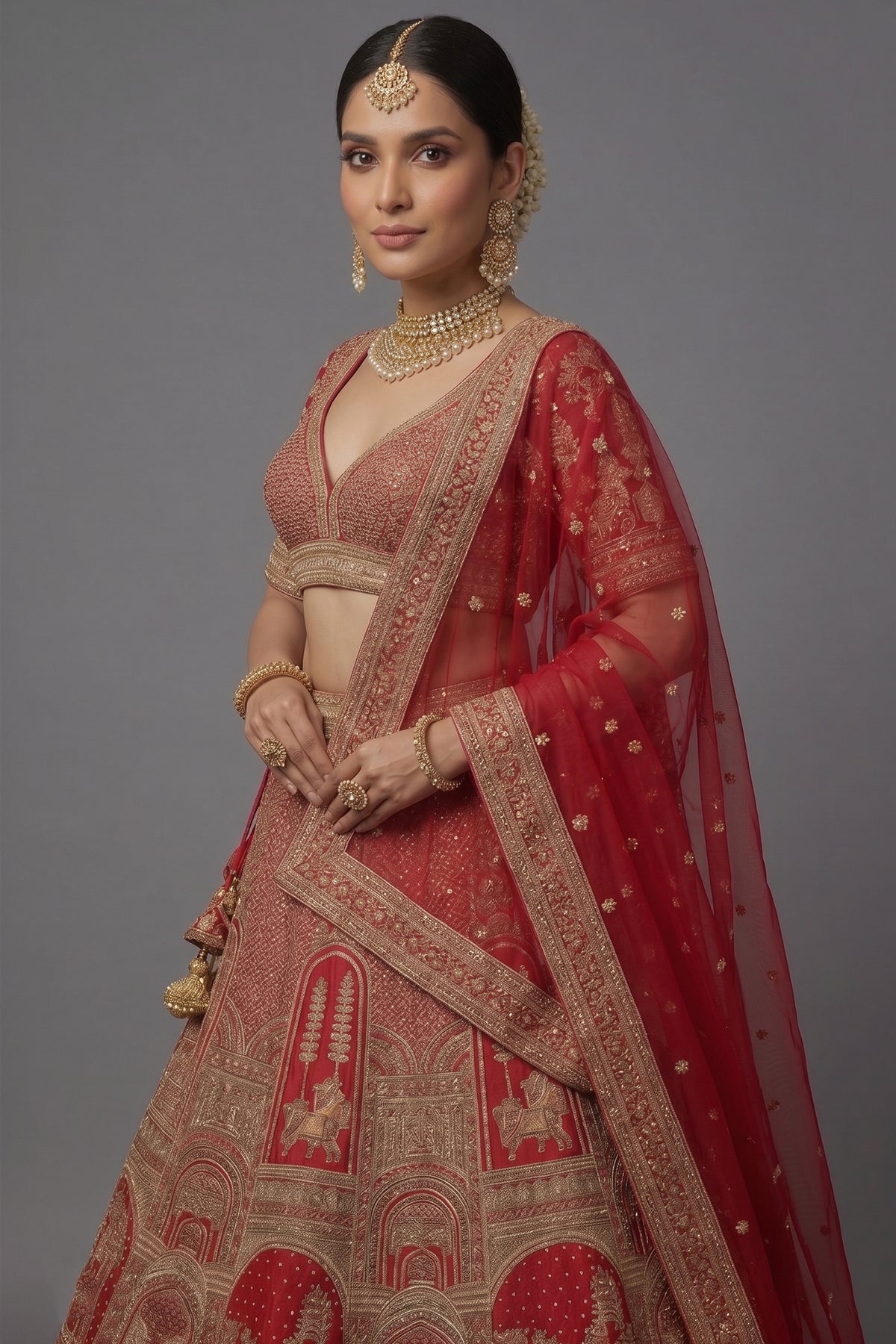 Red Matka Silk Designer Bridal Lehenga with Double Dupatta - red silk saree