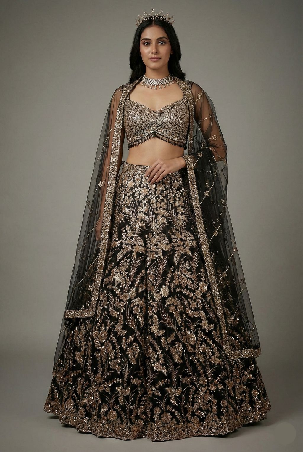 Black Net All Over Sequinned Designer Lehenga - black net saree