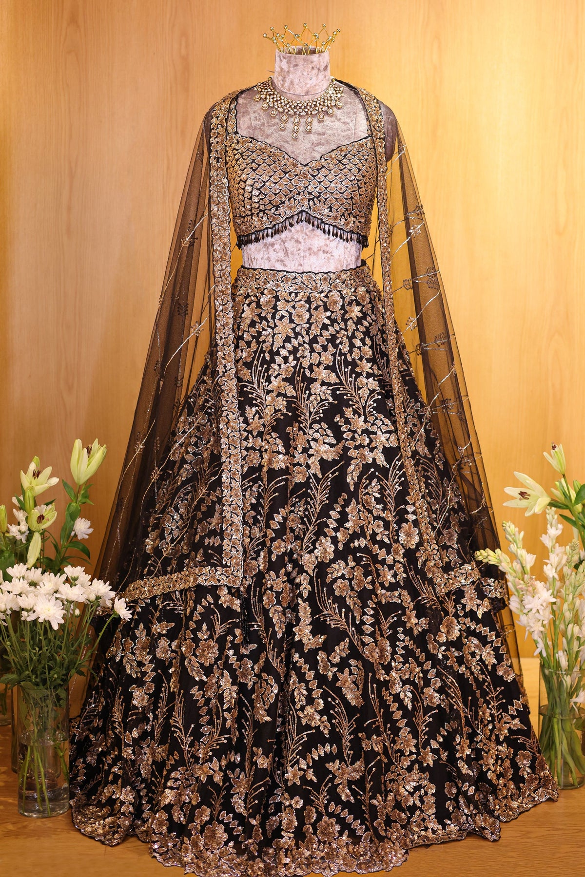 Black Net All Over Sequinned Designer Lehenga - black net saree