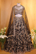 Black Net All Over Sequinned Designer Lehenga - black net saree