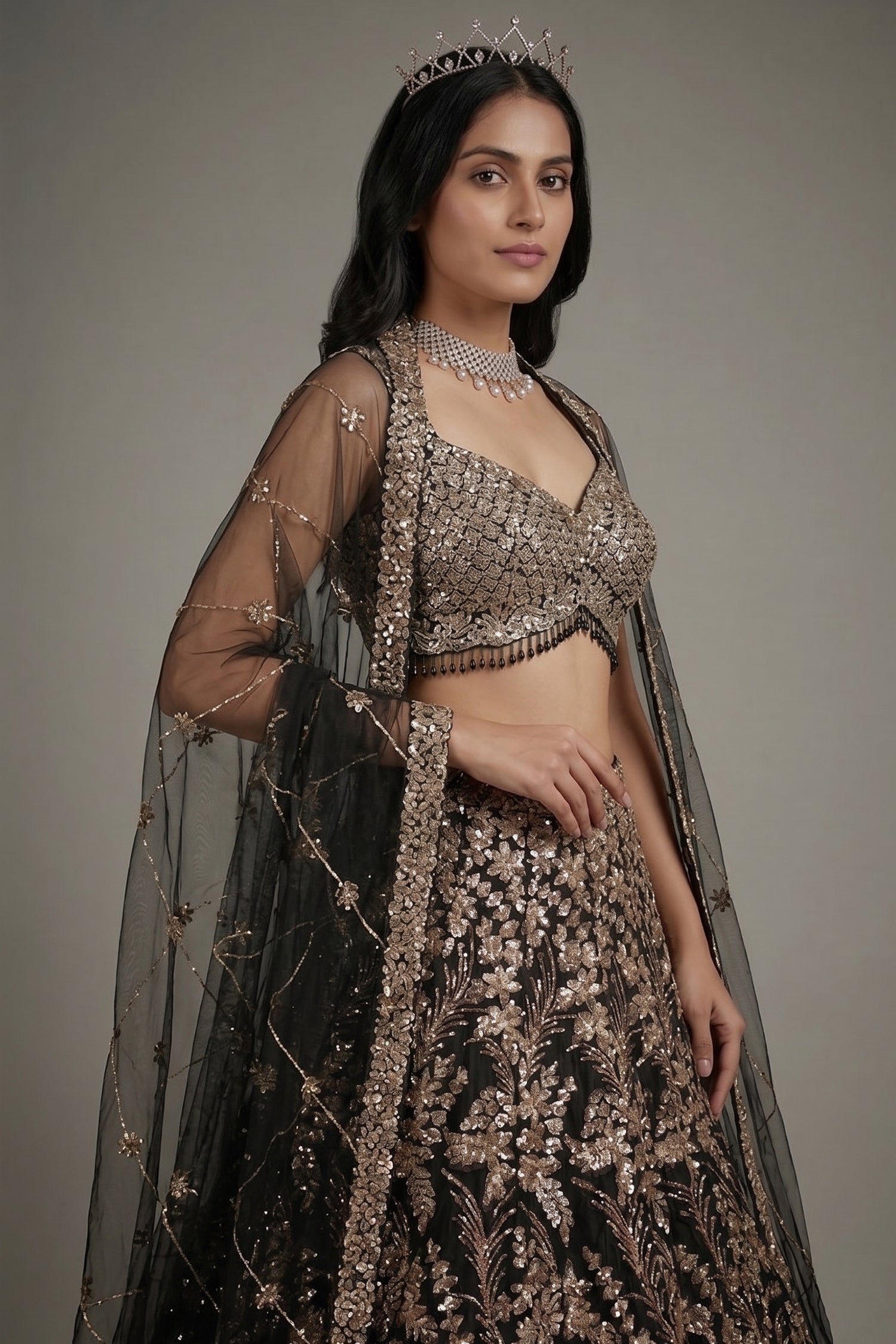 Black Net All Over Sequinned Designer Lehenga - black net saree