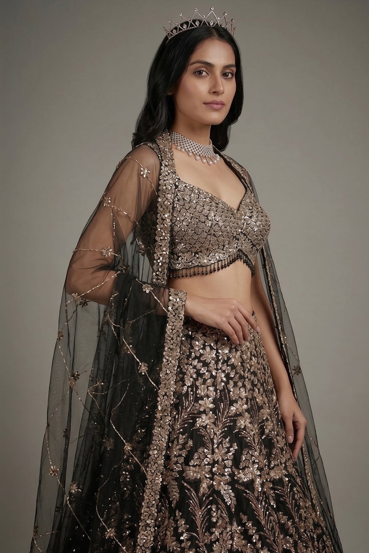 Black Net All Over Sequinned Designer Lehenga - black net saree