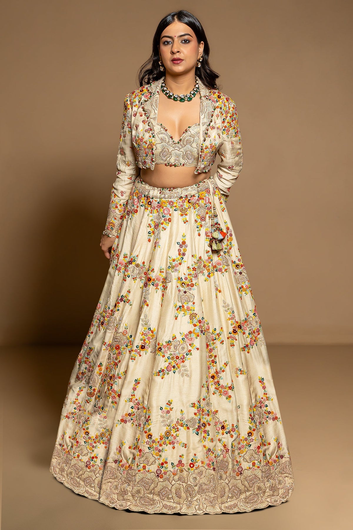 Ivory Cream Raw Silk Floral Embroidered Designer Lehenga with Jacket - red silk saree embroidered
