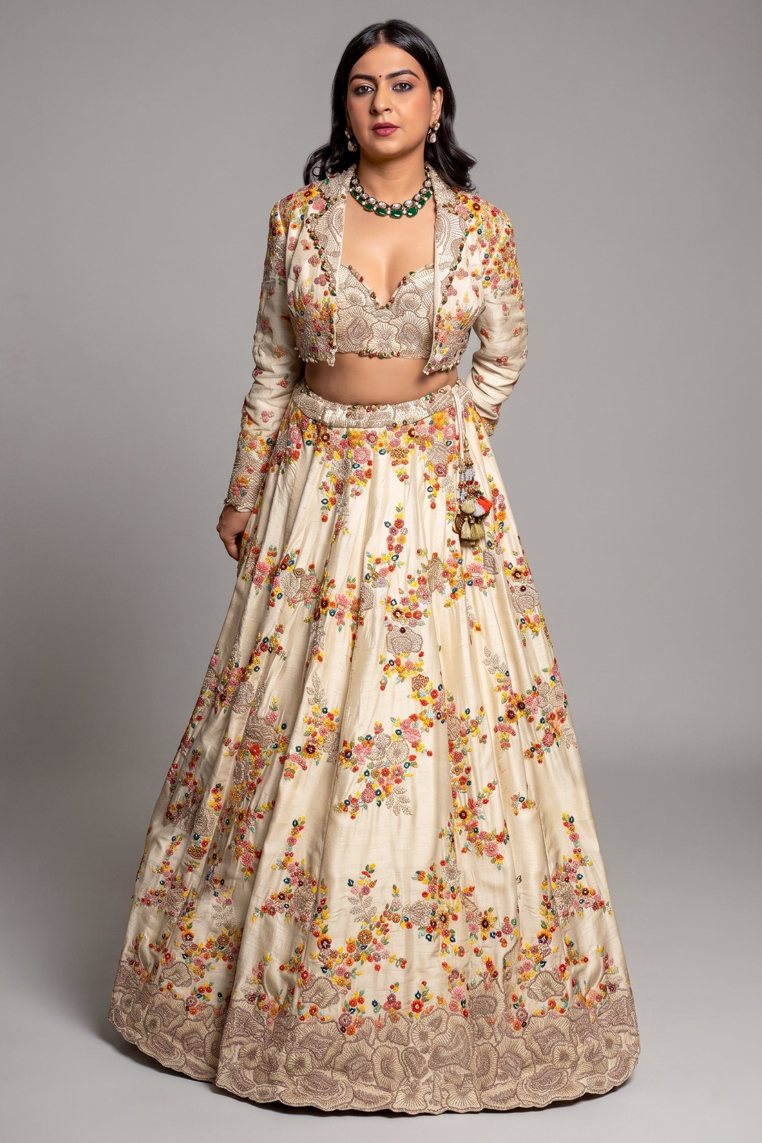 Ivory Cream Raw Silk Floral Embroidered Designer Lehenga with Jacket - red silk saree embroidered Main image