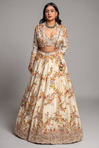 Ivory Cream Raw Silk Floral Embroidered Designer Lehenga with Jacket - red silk saree embroidered