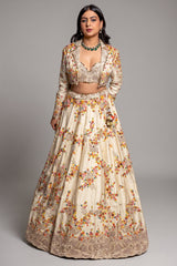 Ivory Cream Raw Silk Floral Embroidered Designer Lehenga with Jacket - red silk saree embroidered