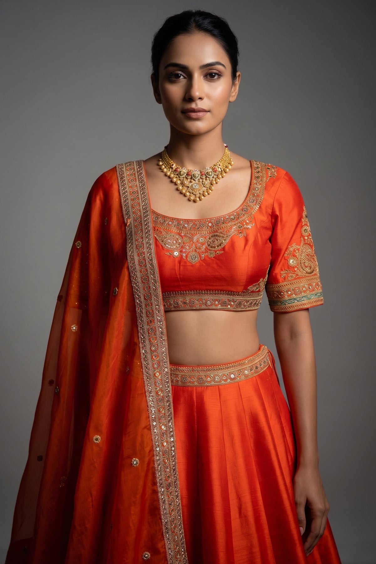 Orange Matka Silk Sequins and Zardosi Worked Border Lehenga - orange silk saree