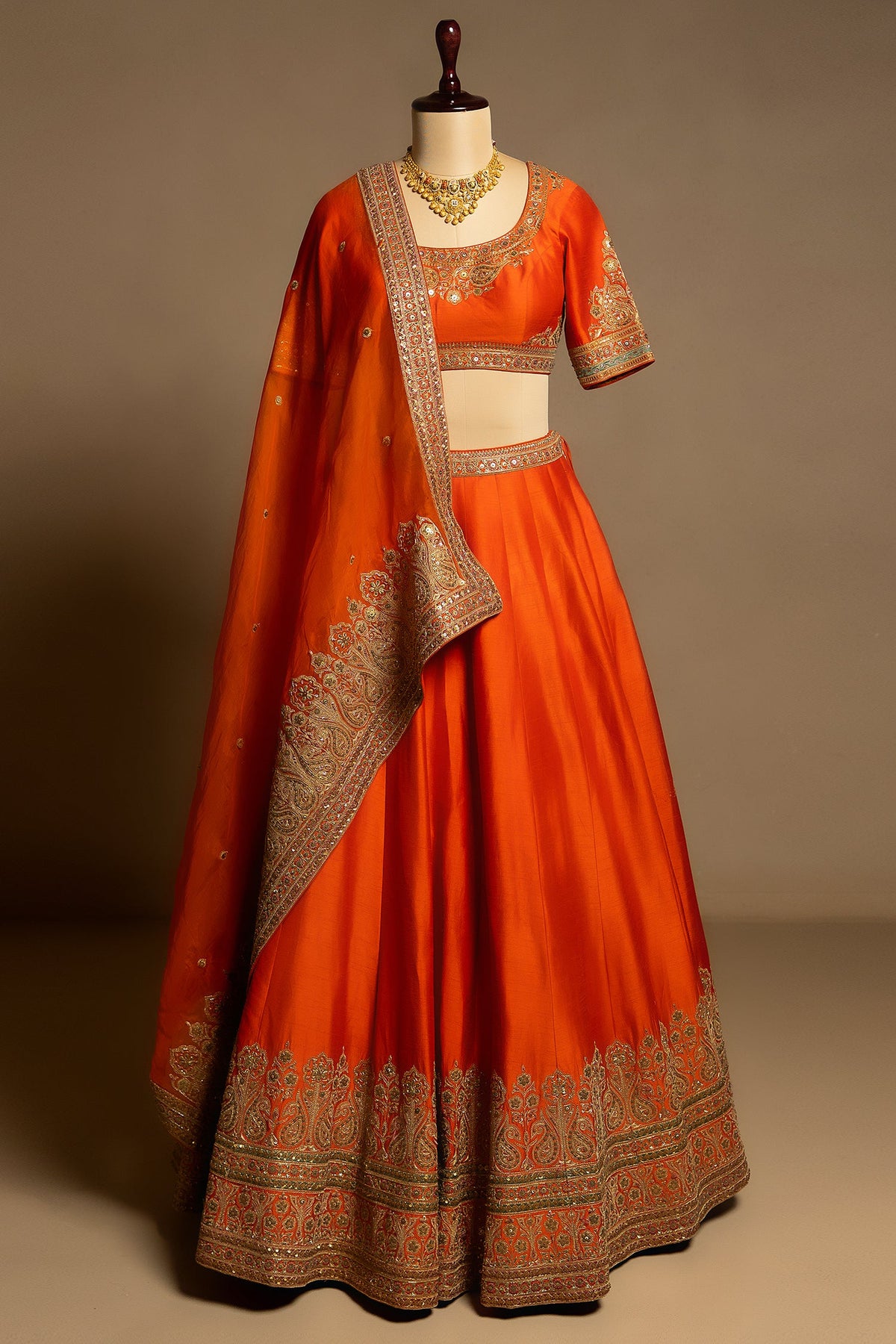 Orange Matka Silk Sequins and Zardosi Worked Border Lehenga - orange silk saree