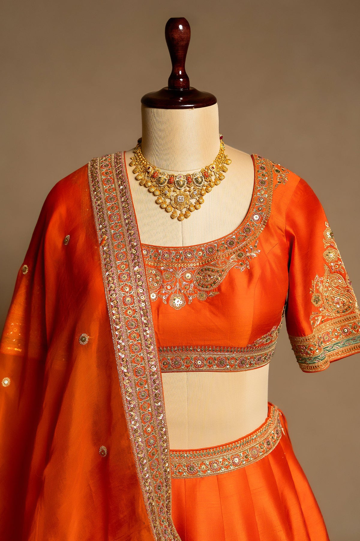 Orange Matka Silk Sequins and Zardosi Worked Border Lehenga - orange silk saree