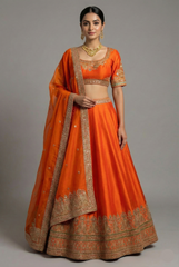 Orange Matka Silk Sequins and Zardosi Worked Border Lehenga
