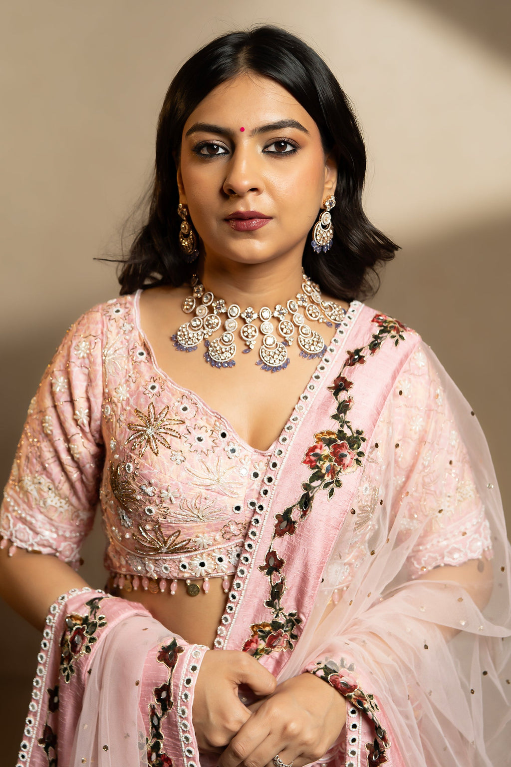 Light Pink Silk Designer Beaded Worked Lehenga - pink silk saree