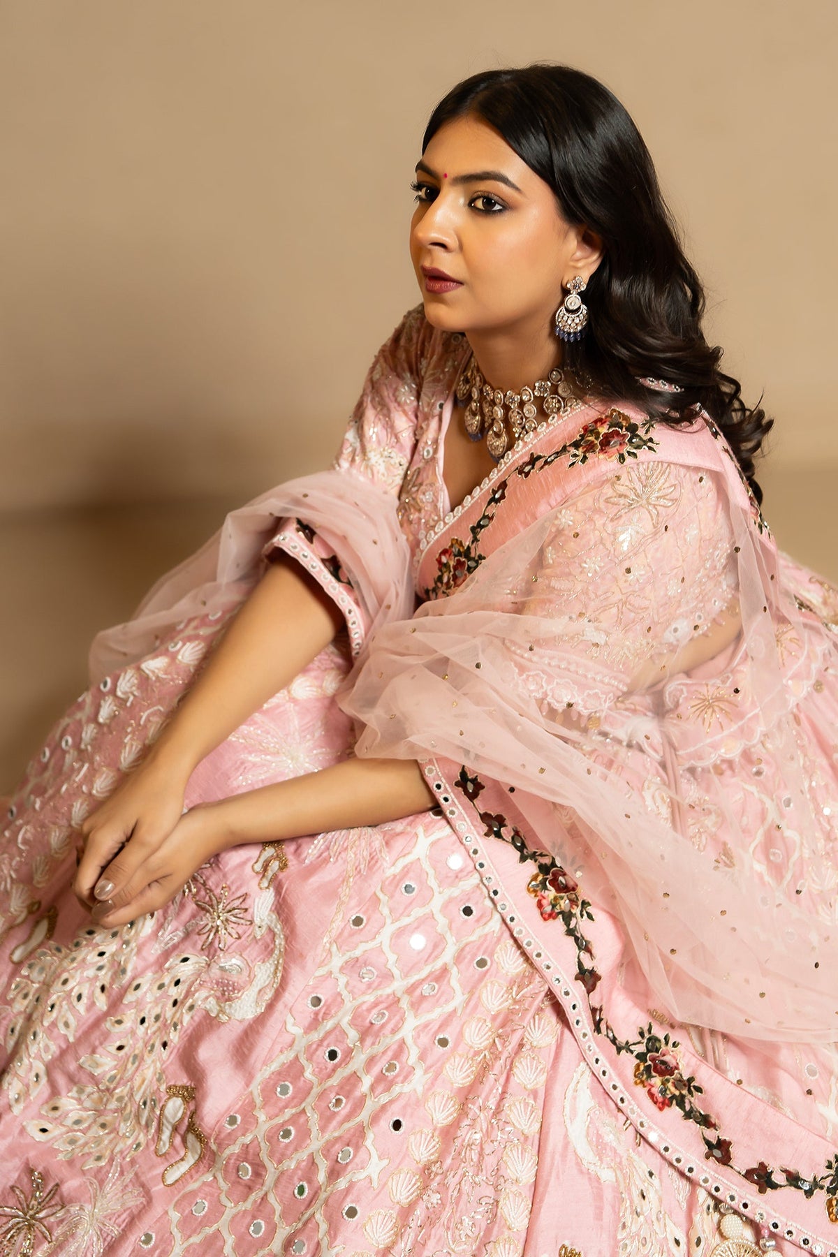 Light Pink Silk Designer Beaded Worked Lehenga - pink silk saree