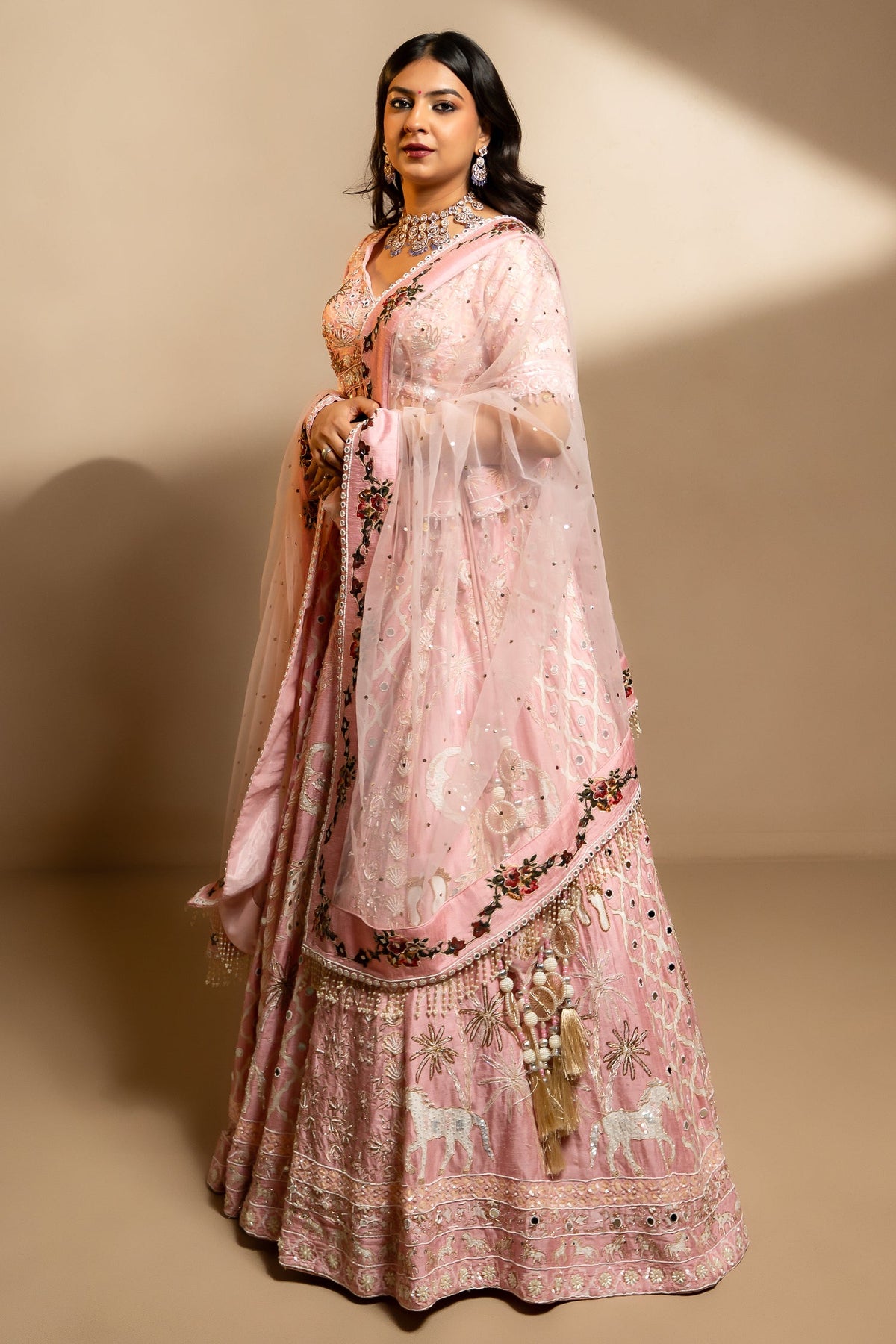 Light Pink Silk Designer Beaded Worked Lehenga - pink silk saree