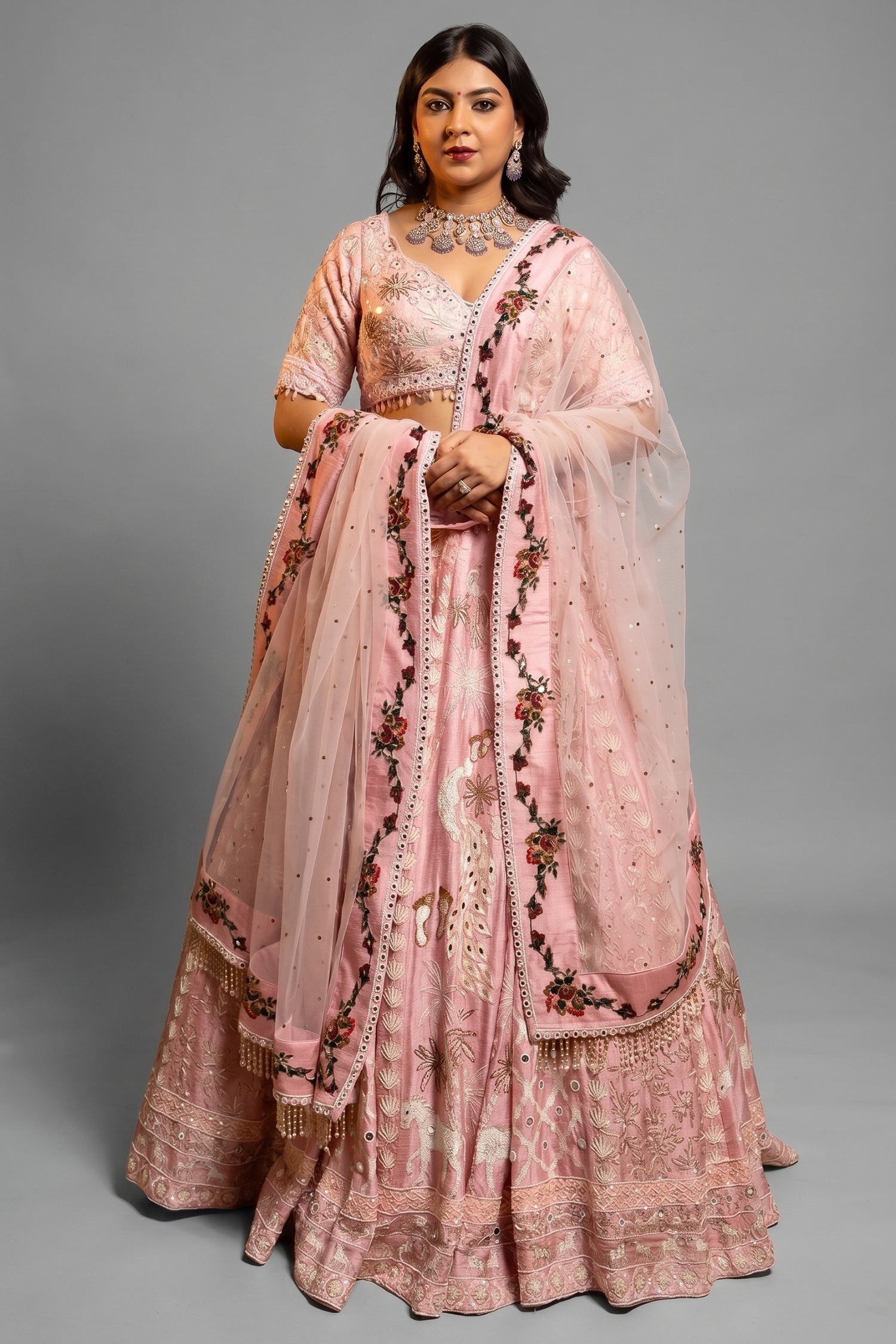 Light Pink Silk Designer Beaded Worked Lehenga - pink silk saree