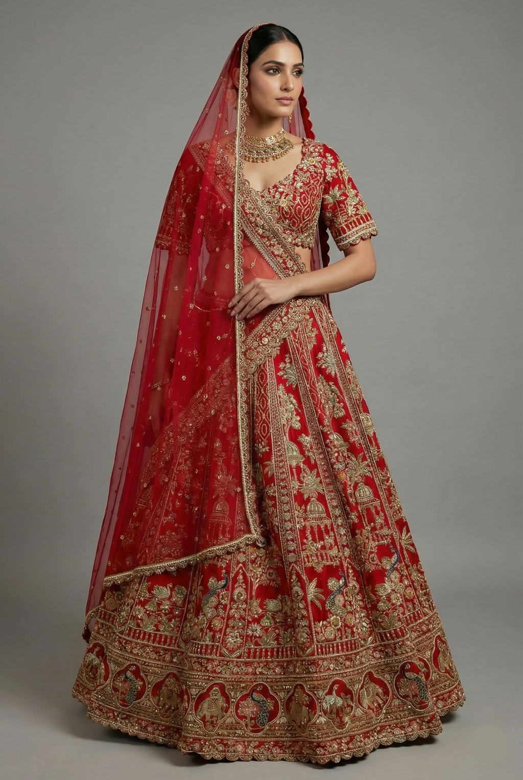 Red Matka Silk Designer Bridal Lehenga with Double Dupatta - red silk saree