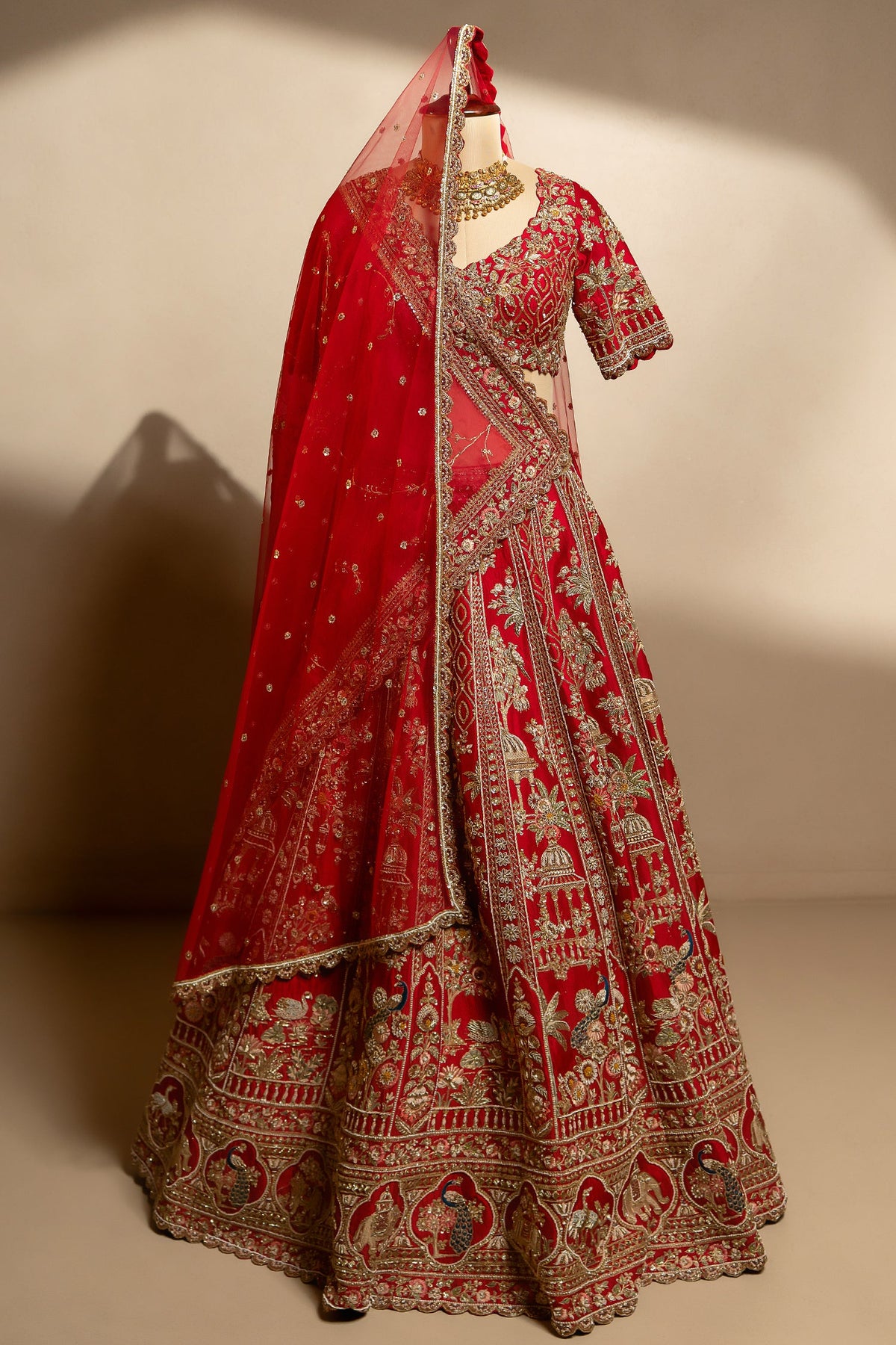 Red Matka Silk Designer Bridal Lehenga with Double Dupatta - red silk saree