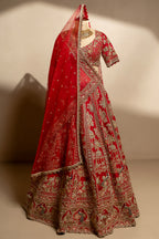 Red Matka Silk Designer Bridal Lehenga with Double Dupatta - red silk saree