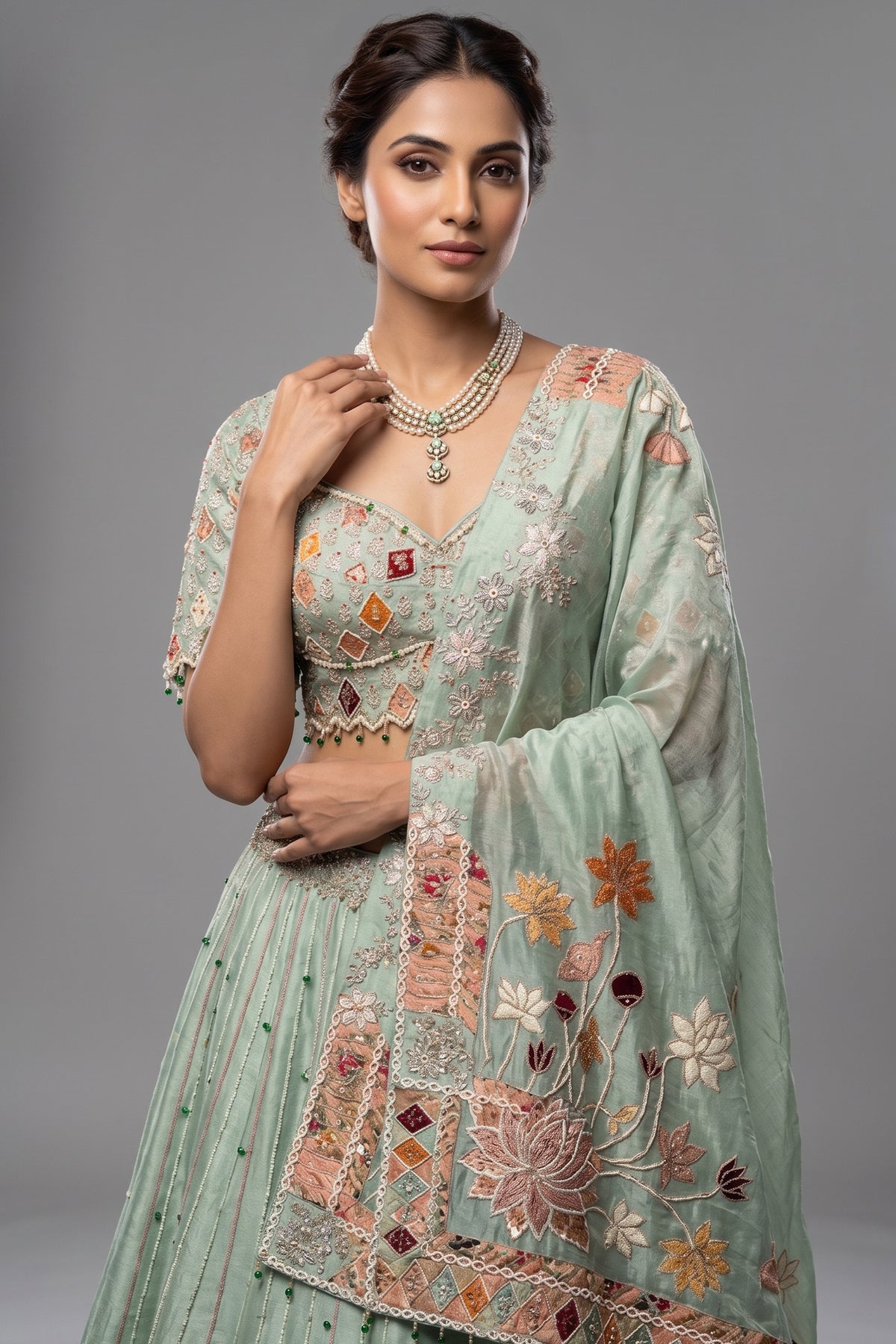 Aqua Green Tissue Designer Bead and Multi Thread Floral Work Lehenga - green saree