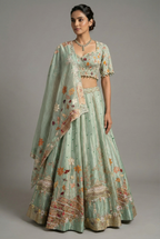 Aqua Green Tissue Designer Bead and Multi Thread Floral Work Lehenga - green saree